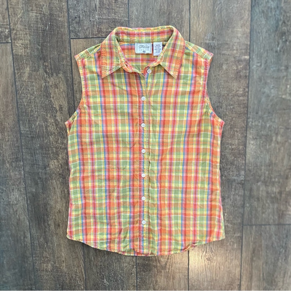 vintage linen/cotton rainbow sherbet plaid button-up polo tank